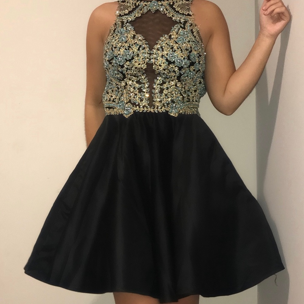 Short Black homecoming dress with embroidery